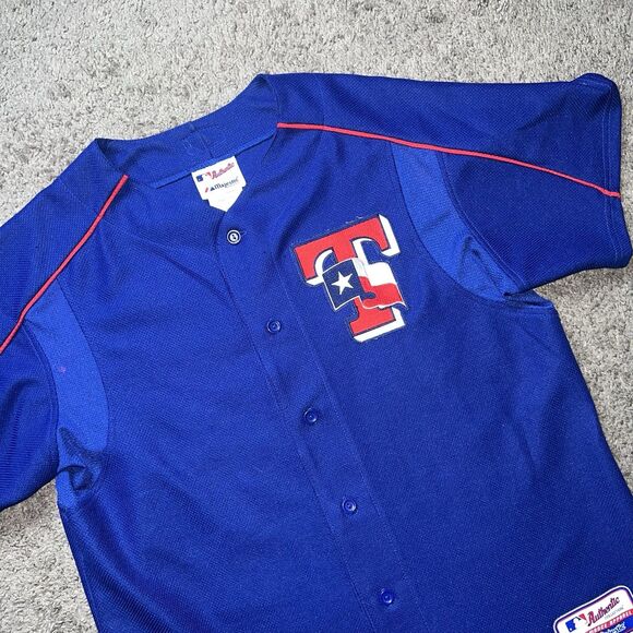 Vtg Rare Texas Rangers Majestic Button Up Jersey Sz M Blue performance apparel - Picture 1 of 7